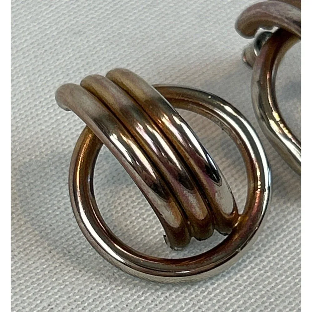 Vintage Tube Earrings Round Design Gold Silver Tone 80s Geometric - Picture 2 of 7